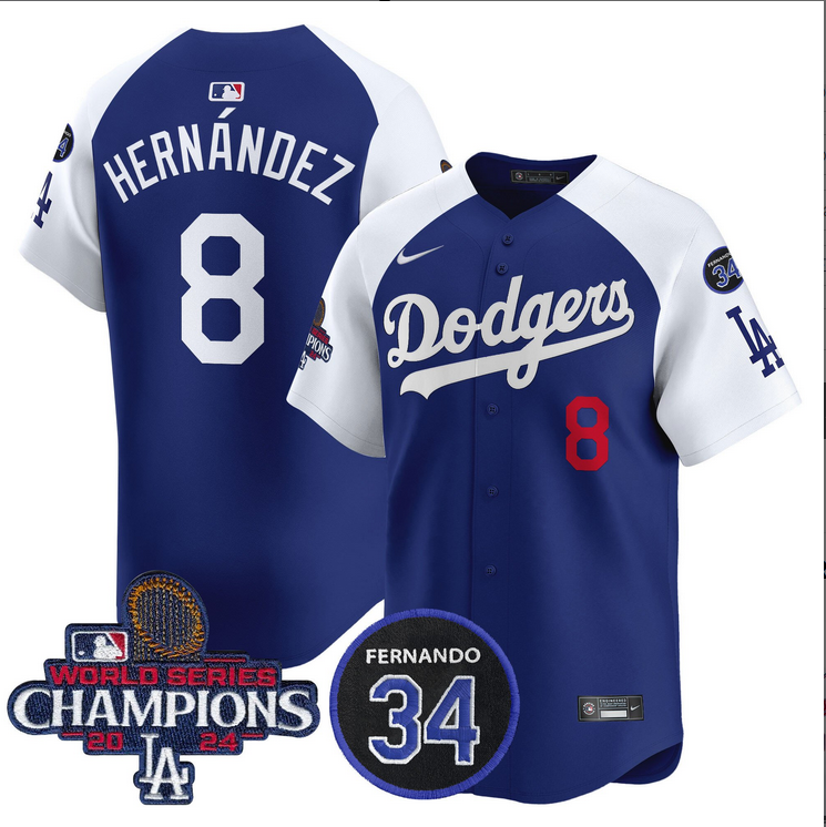 Men MLB Los Angeles Dodgers 8 Hernandez blue 2024 World Series Champions Patch Limited Jersey style 5